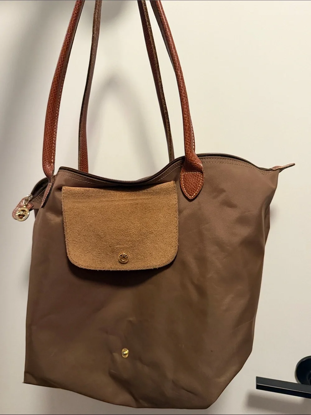 Brown Leather-Trim Bag with Gold Accent